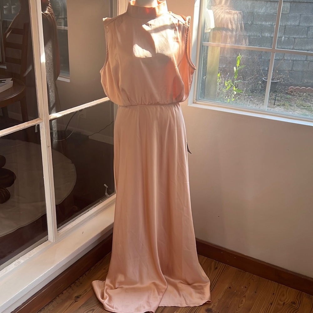 CLASSIC ELEGANCE CHAMPAGNE SATIN SLEEVELESS MOCK NECK MAXI DRESS LULUS